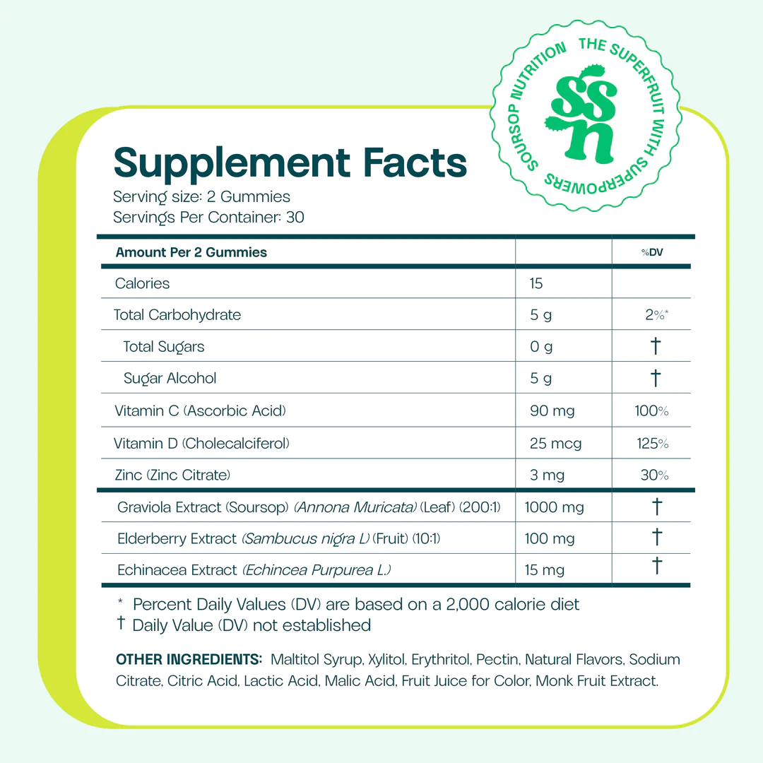 Soursop Nutrition Supplements Mixed Berry Blast Gummies (Case of 6) Nutrition facts